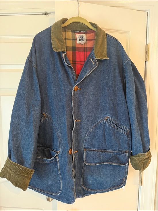 Other - Vintage Men's Denim Barn Jacket with Olive Corduroy Collar